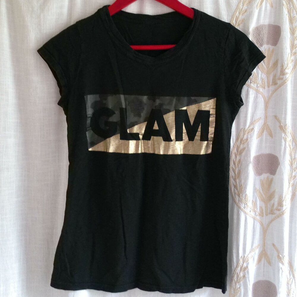 Women's Camo and Gold Glam Black Tee Medium